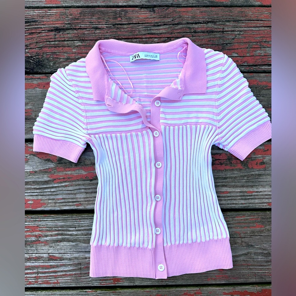 Zara Pink and White Striped Cardigan size M